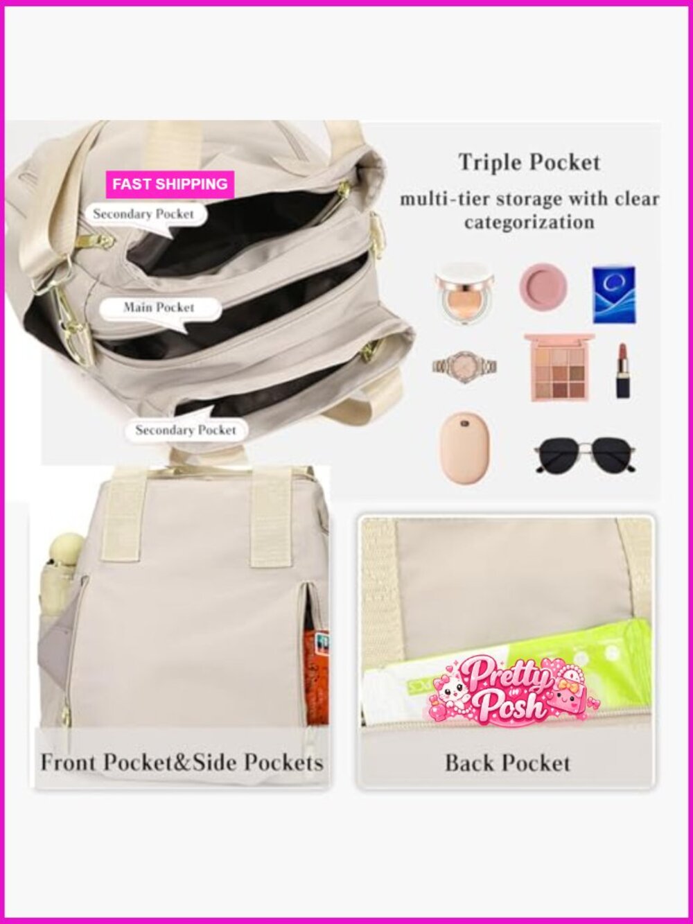 Waterproof Nylon Crossbody Bag with Multi Pockets Top Handle - Picture 5 of 6